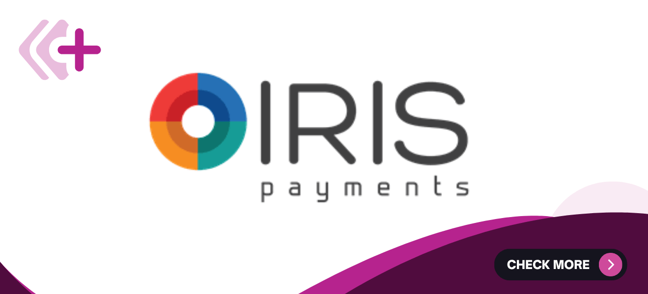Logo for IRIS payments, featuring the word "IRIS" with a multi-colored circular graphic (red, blue, green, orange) replacing the "I," and the word "payments" underneath, next to a magenta and purple background graphic with a "CHECK MORE" button.