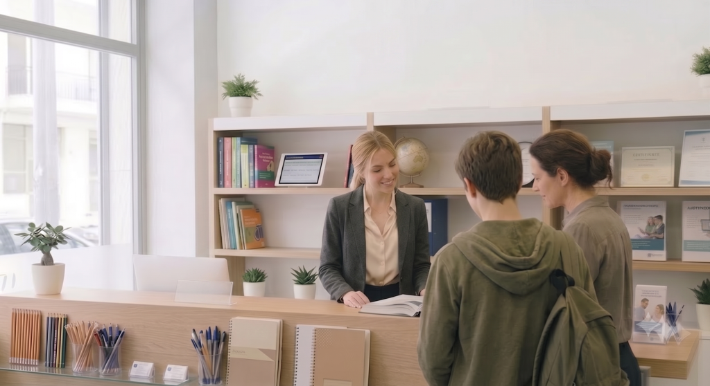 Front desk receptionist at an educational center talking to a parent and student, showcasing bulk SMS solutions for schools, gyms, and associations by ProSMS.gr.